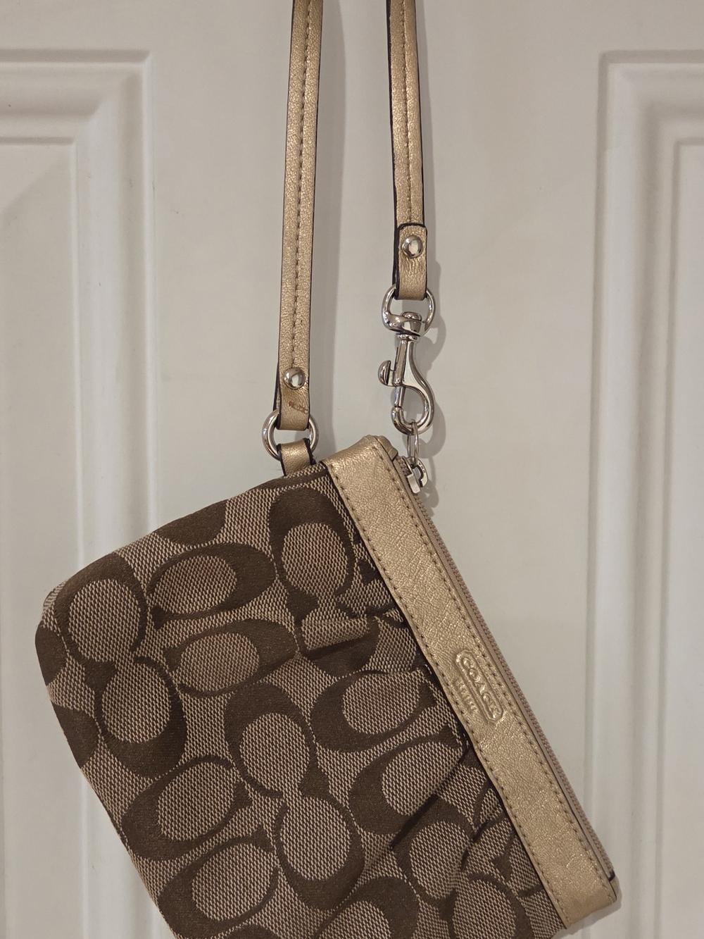 Coach Tan Brown Signature Canvas Wristlet with Gold Trim
